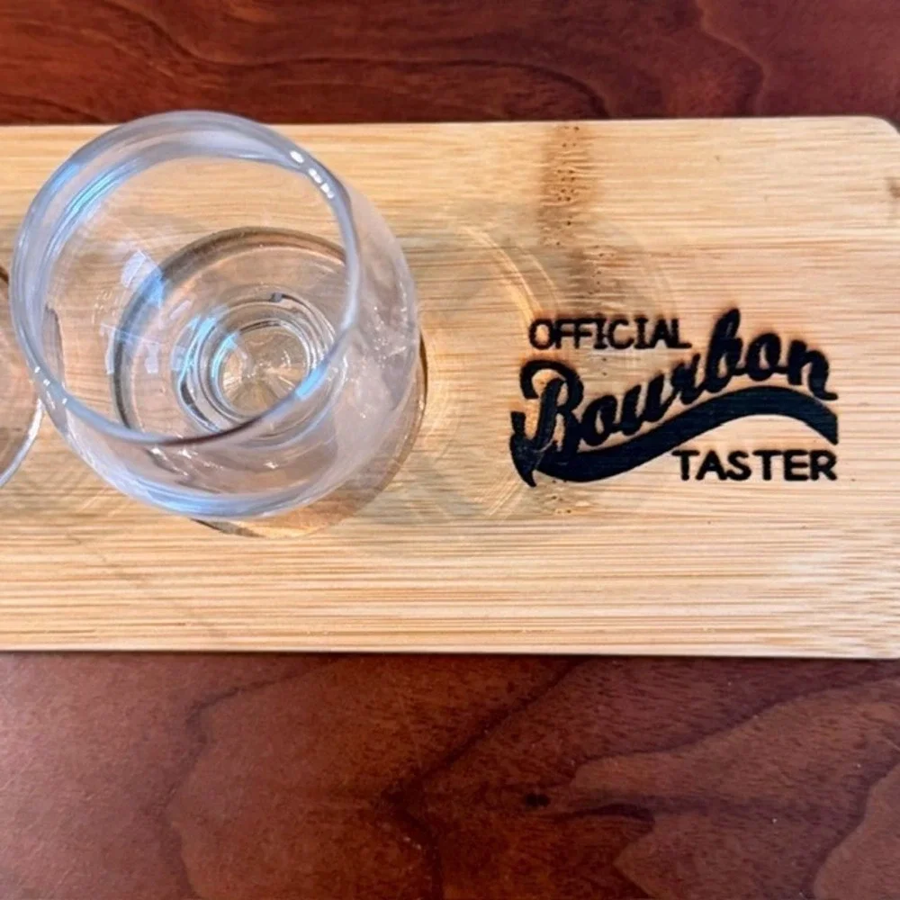Official Bourbon Taster Bamboo Whiskey Flight Set with 4 Snifter Glasses 17.5